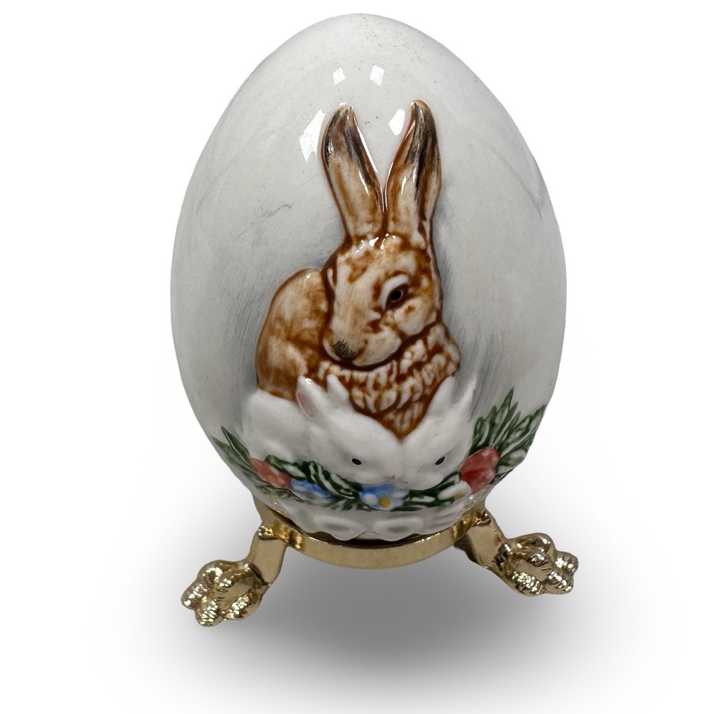 Goebel Germany 1993 Porcelain Easter Egg Bunny Rabbits Relief with Gold‎ Stand
